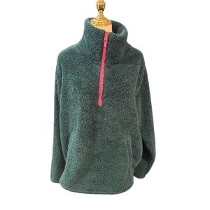 J.Crew WOMEN XL Sherpa Fleece Quarter Zip Pullover dark Green Pink pockets